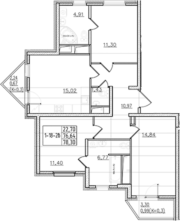 3-комнатная квартира 78.3 м², 18/19 эт., ЖК «Мурино Клаб»